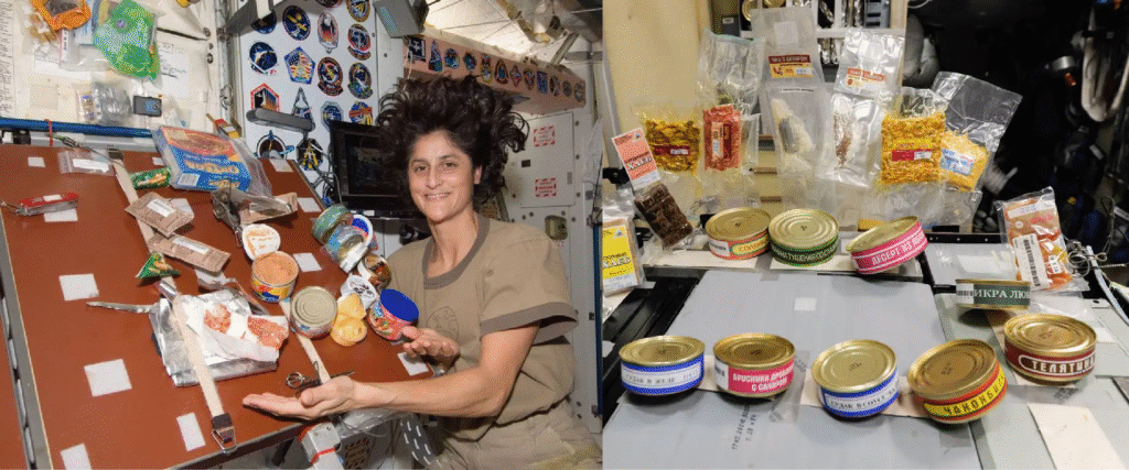 Trái: Kỹ sư bay của đoàn Expedition 32 – Sunita Williams – chuẩn bị bữa ăn trong mô-đun Unity Node 1.
Phải: Bàn ăn được sắp xếp sẵn cho bữa tối trong mô-đun Zvezda, thuộc đoàn Expedition 40.